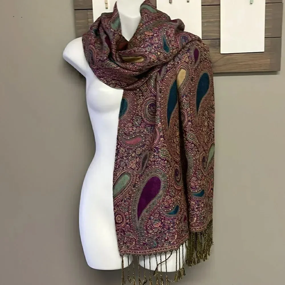 Beautiful Purple Blue Green Tan Paisley Pattern Pashmina Wrap Scarf w/ Tassel-OS